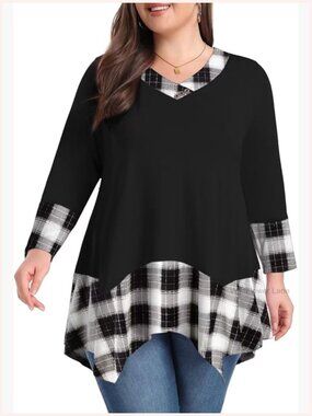 Womens Plus Size 3/4 Sleeve V Neck Button Tunic Top